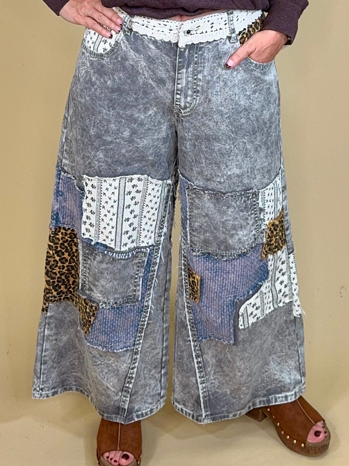 Patchwork Woven Wide Leg Pants BOTTOMS:~~Unassigned~~ POL CLOTHING 
