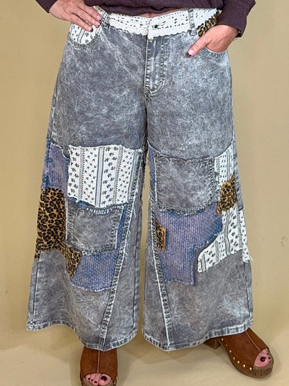Patchwork Woven Wide Leg Pants BOTTOMS:~~Unassigned~~ POL CLOTHING 
