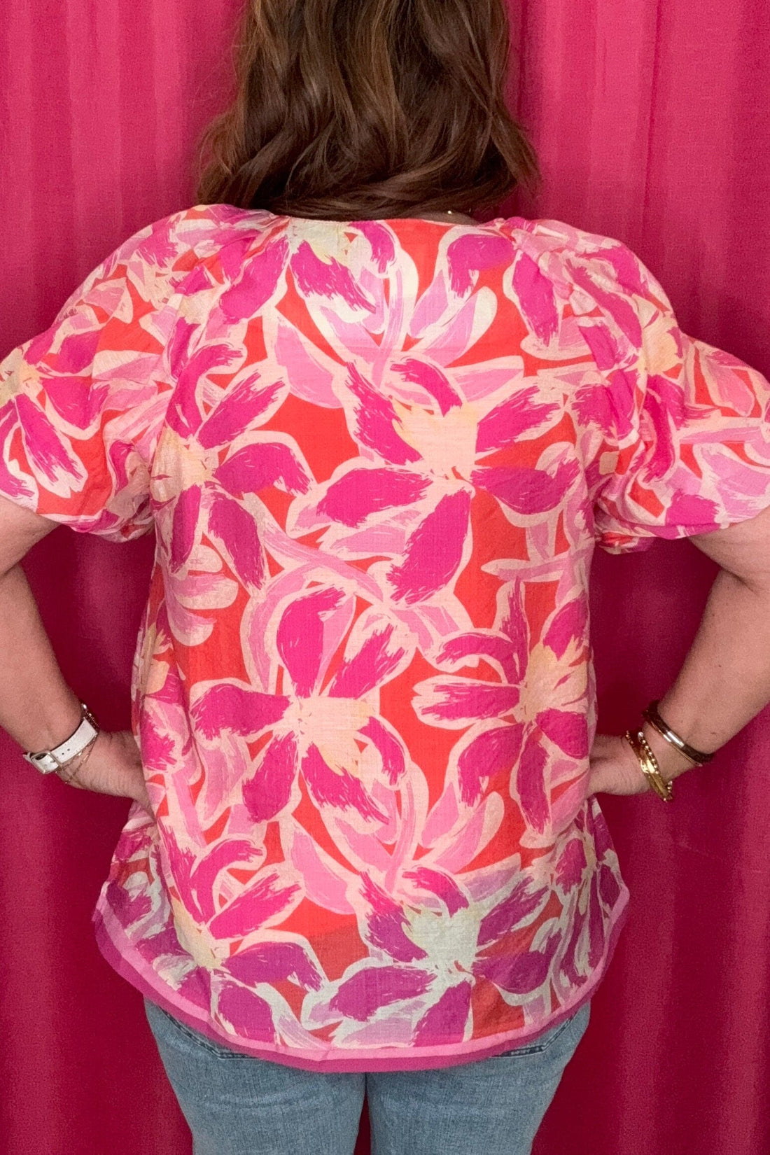 Floral Print Split Neck Balloon Sleeve Top JR TOP DRESSY UMGEE 