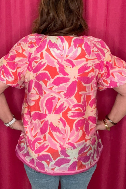 Floral Print Split Neck Balloon Sleeve Top JR TOP DRESSY UMGEE 
