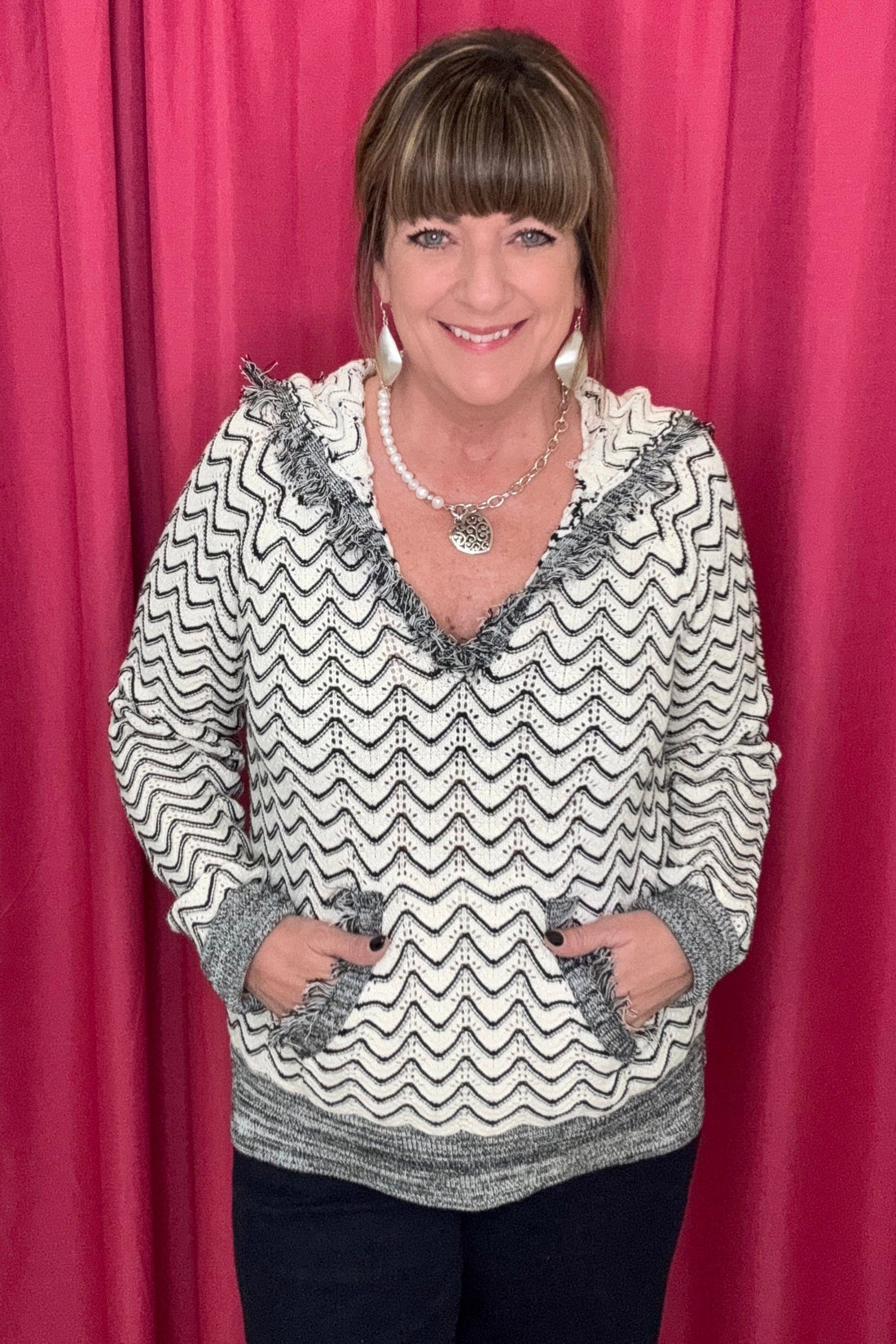 Long Sleeve Hooded Sweater w/Fringe Detail MISSY TOP SPECIAL TRIBAL 