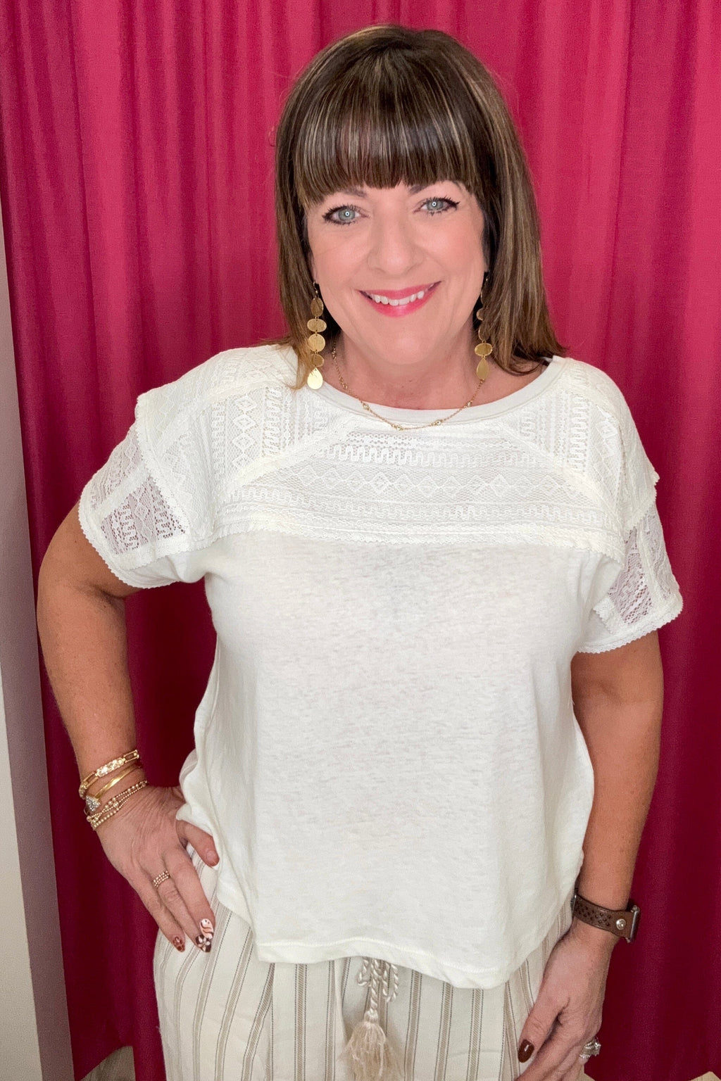 Short Sleeve Dolman Boat Neck Knit Top w/Lace MISSY TOP SPECIAL LIVERPOOL 