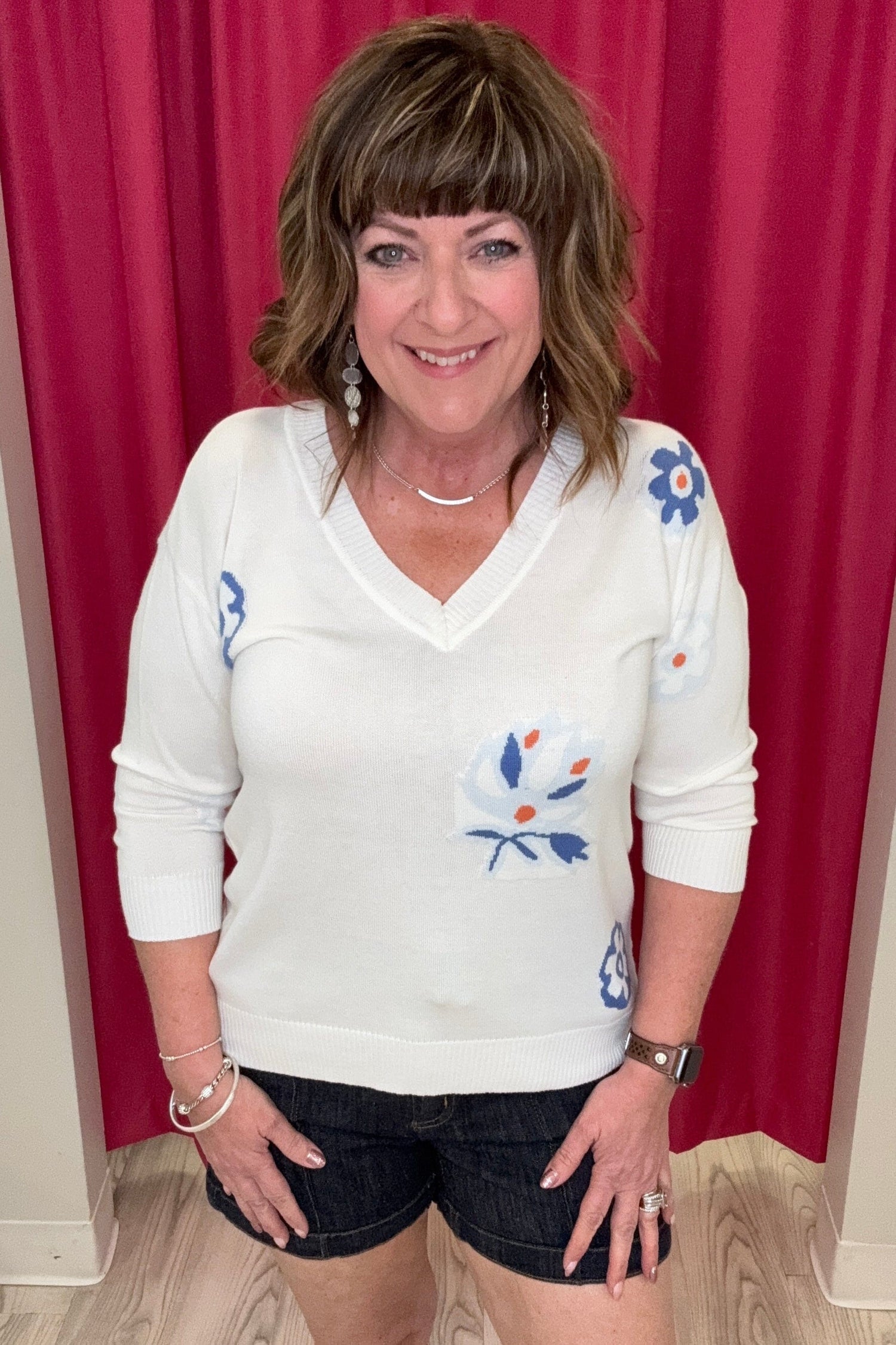 3/4 Sleeve V-Neck Intarsia Sweater MISSY TOP SPECIAL TRIBAL 