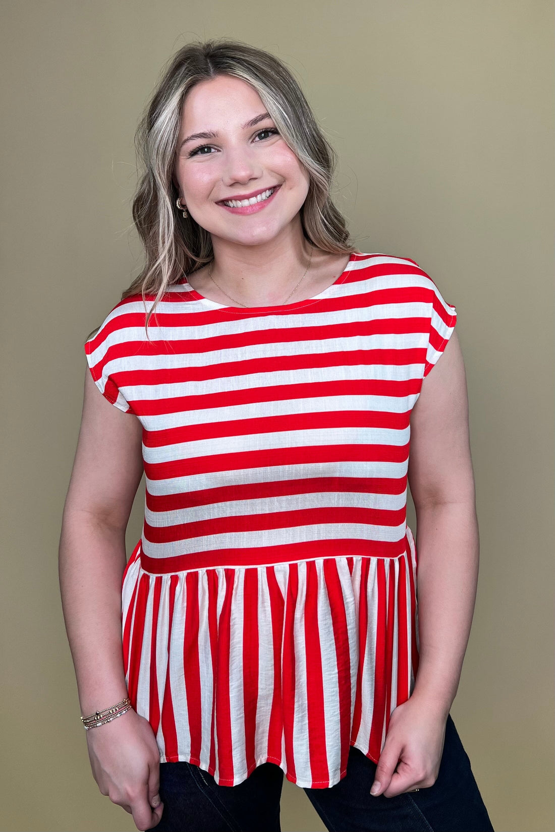 Drop Shoulder Woven Striped Top w/Back Bow Ties JRTOP CASUAL TOP SHE&amp;SKY 