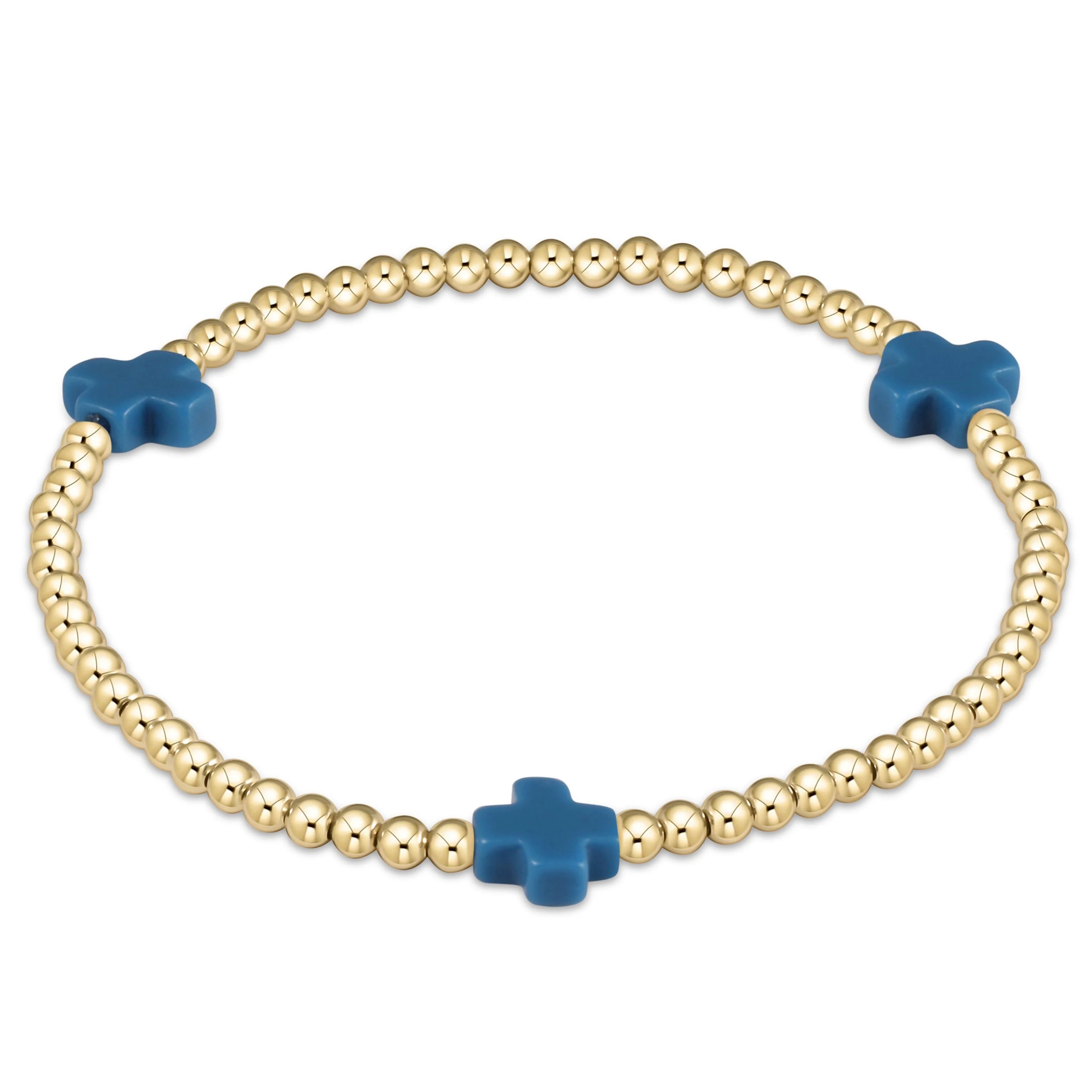 Enewton Signature Cross Gold Pattern 3mm Bead Bracelet- Cobalt
