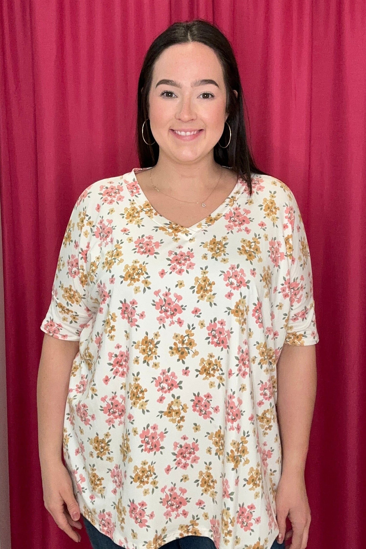 Loose Fit V-Neck Floral Print Tunic JRTOP CASUAL TOP BOMBOM 