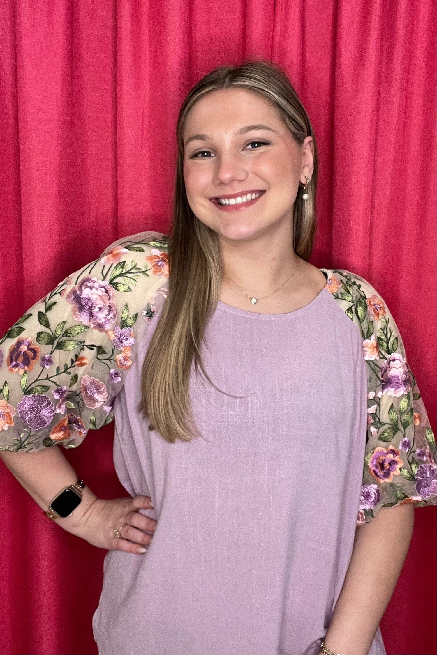 Linen Round Neck Boxy Cut Top w/Floral Embroidery Puff Sleeve JR TOP DRESSY UMGEE 