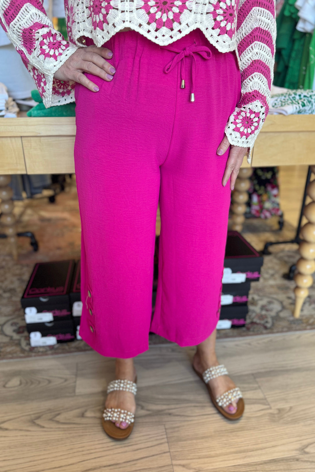Drawstring Pull On Pant with Button Detail BOTTOMS CREATION 