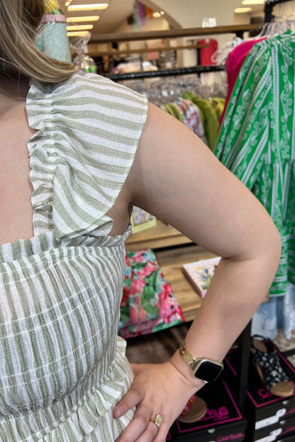 Striped Smocked Ruffle Trim Midi Dress DRESS BLUPEPPER 