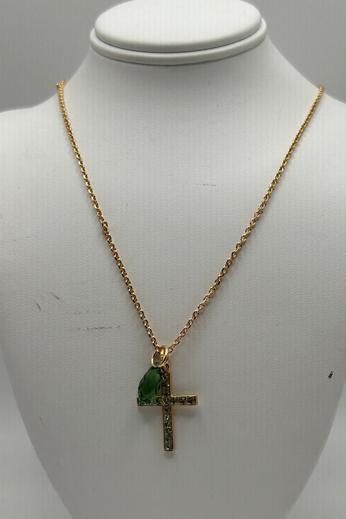 Petite Cross Pendant with Briolette in "Peridot" - Yellow Gold BETTERBRANDJEWELRY MICHALSMARIANA 