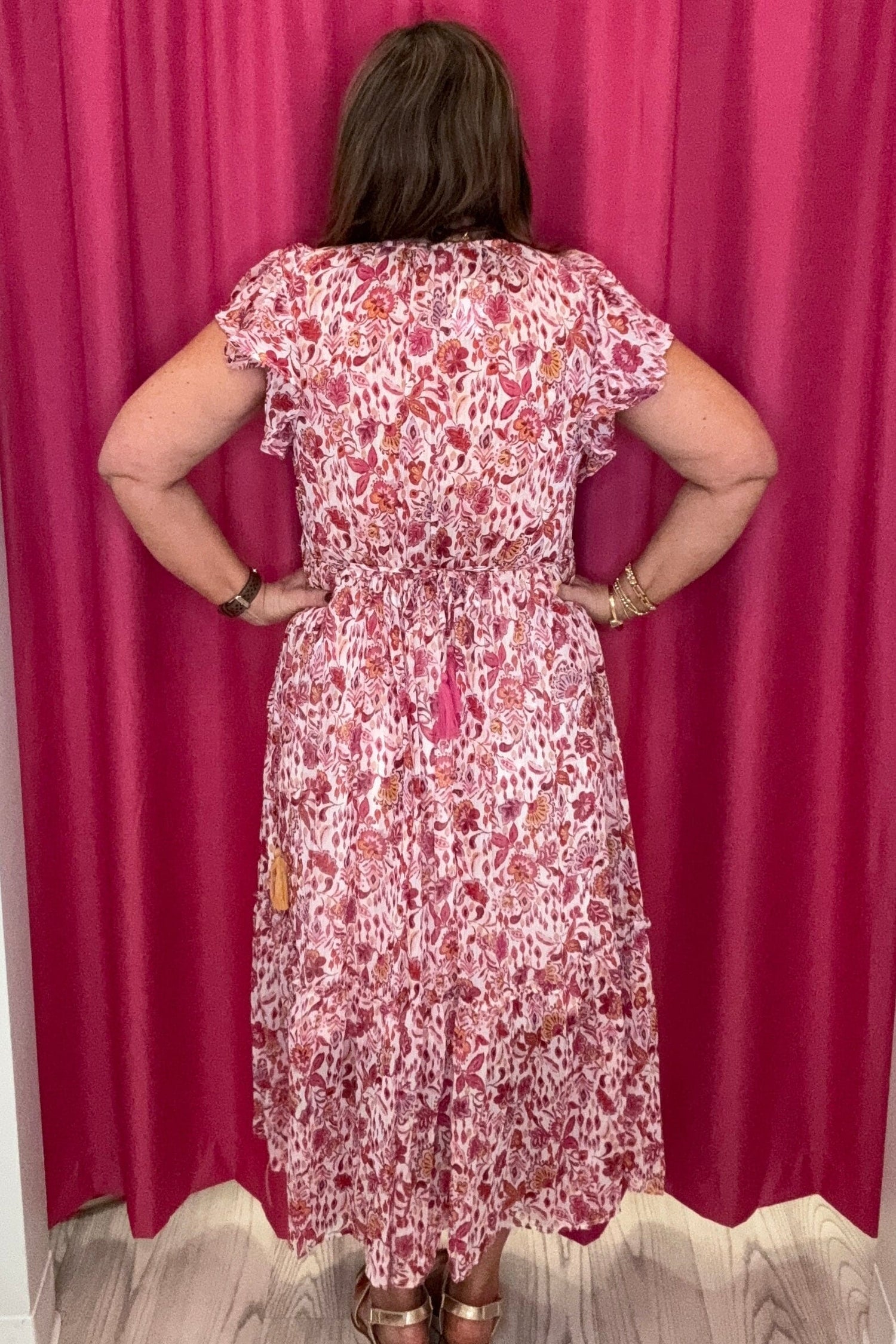 Floral Print V-Neck Ruffle Dress w/Side Waist Tassel DRESS UMGEE 