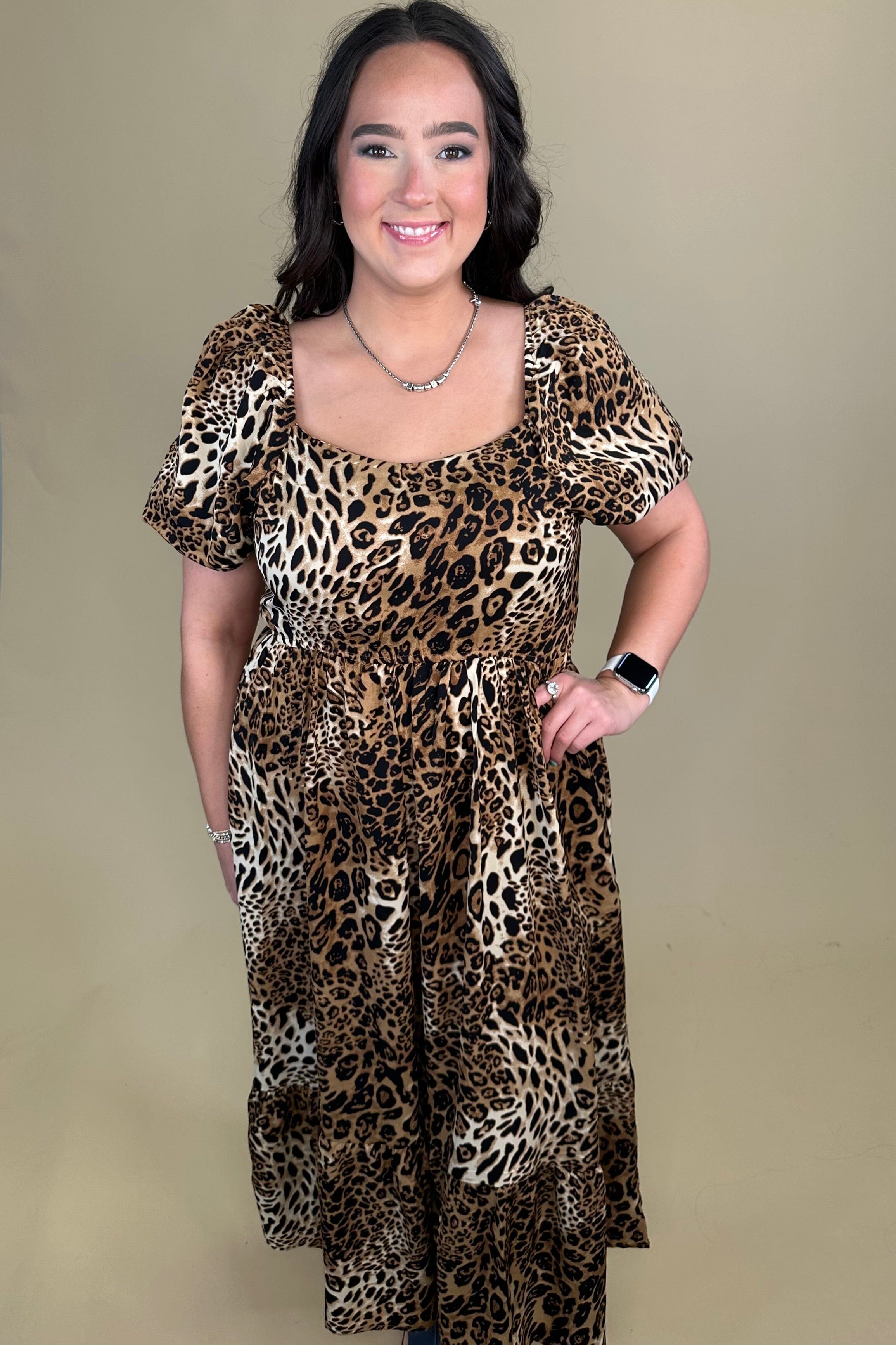 Leopard Print Puff Sleeve Midi Dress DRESS SOUTHERN GRACE 