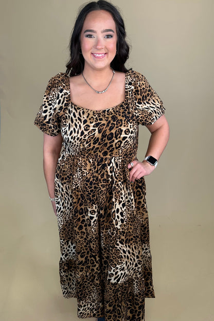 Leopard Print Puff Sleeve Midi Dress DRESS SOUTHERN GRACE 