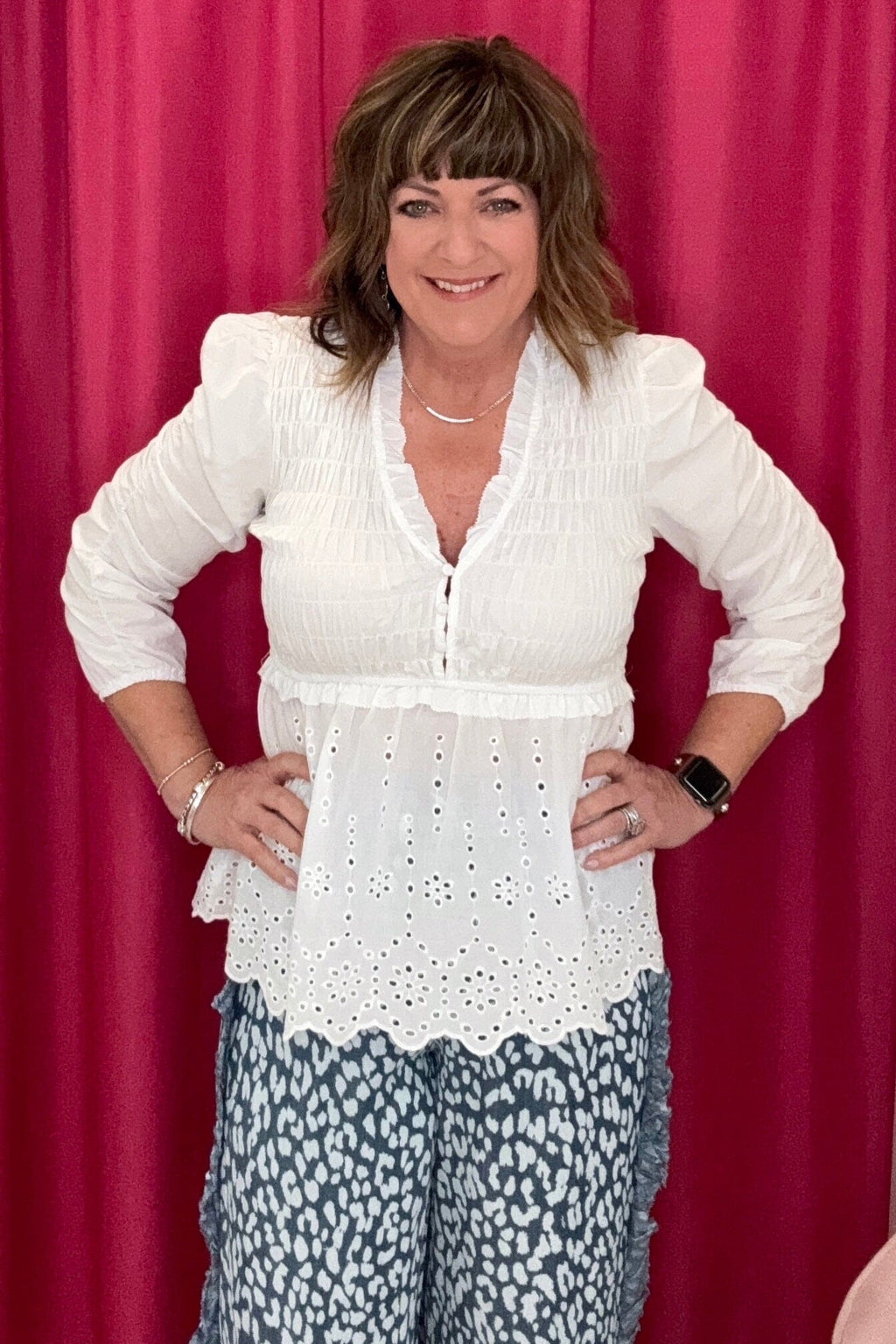 3/4 Ruffle Sleeve Smocked V-Neck Top JR TOP DRESSY EASEL WHT S 