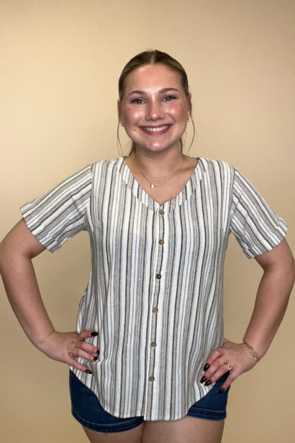 Short Sleeve Striped Button Down MISSY TOP SPECIAL KEREN HART 