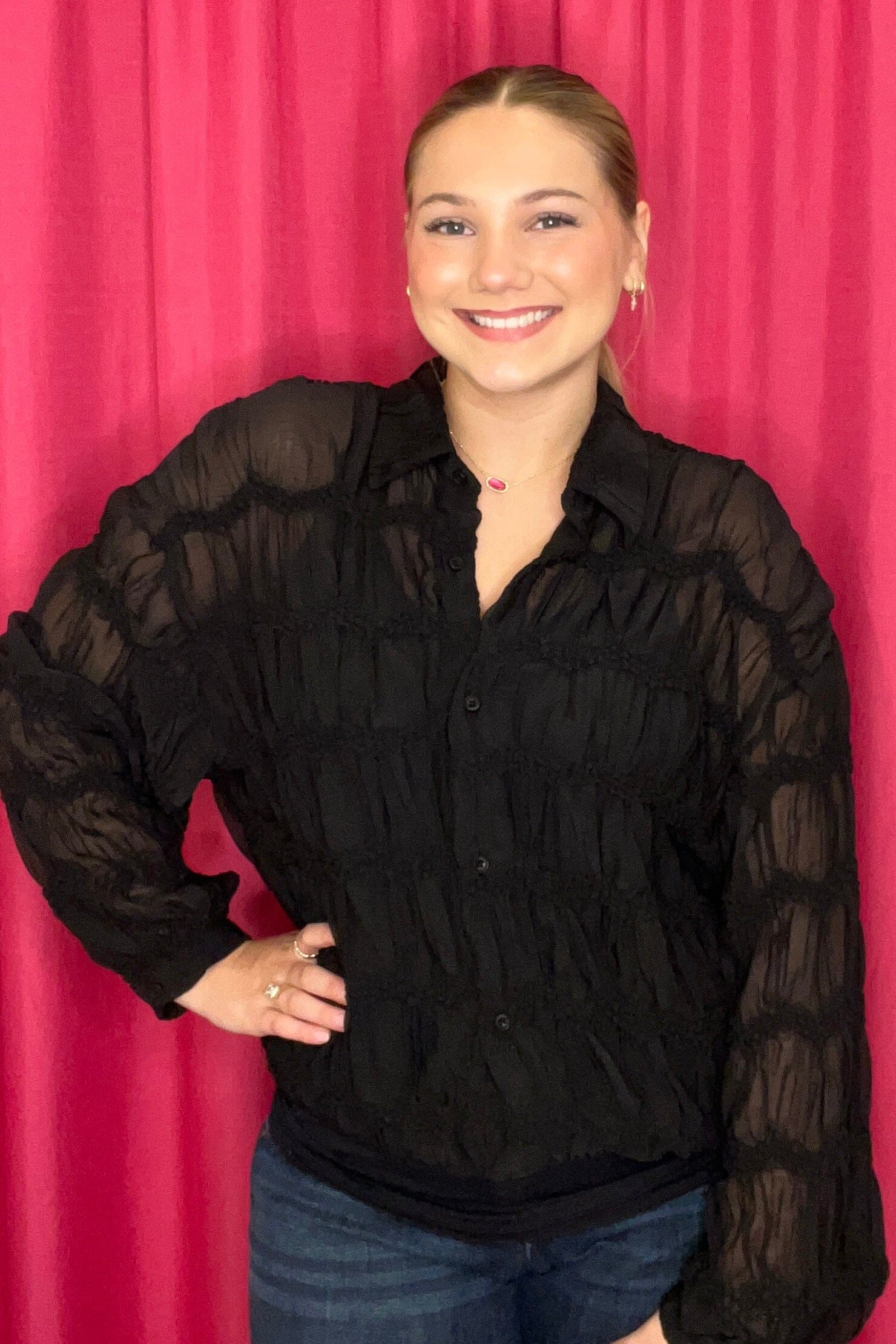 Long Sleeve Chevron Textured Blouse JRTOP CASUAL TOP ALLIE &amp; ROSE BLK S 