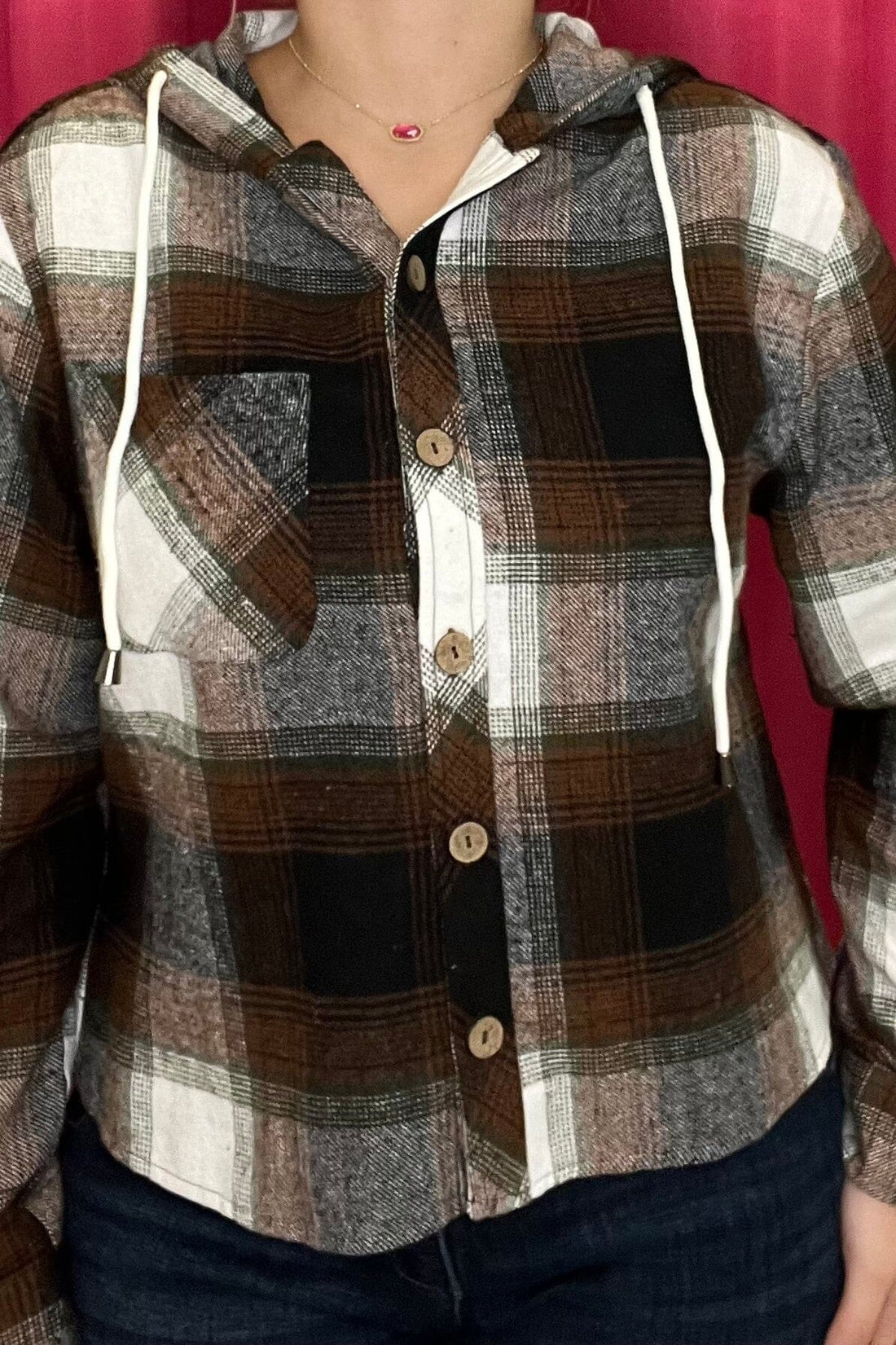 Long Sleeve Flannel Button Down w/Hood OUTFIT COMPLETER KEREN HART 