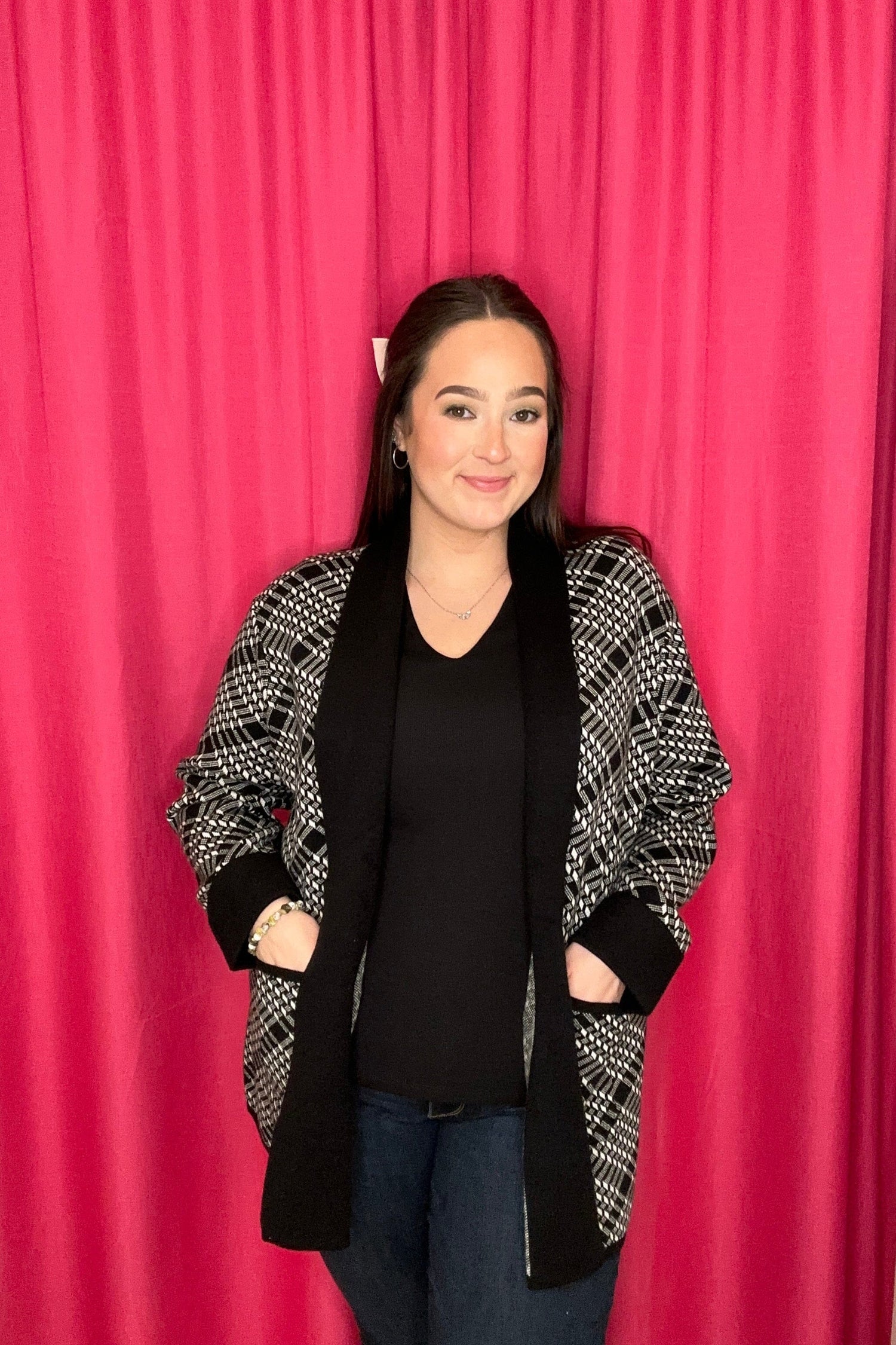 Long Sleeve Houndstooth Cardigan w/Pockets OUTFIT COMPLETER SOUTHERN LADY 