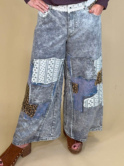 Patchwork Woven Wide Leg Pants BOTTOMS:~~Unassigned~~ POL CLOTHING 