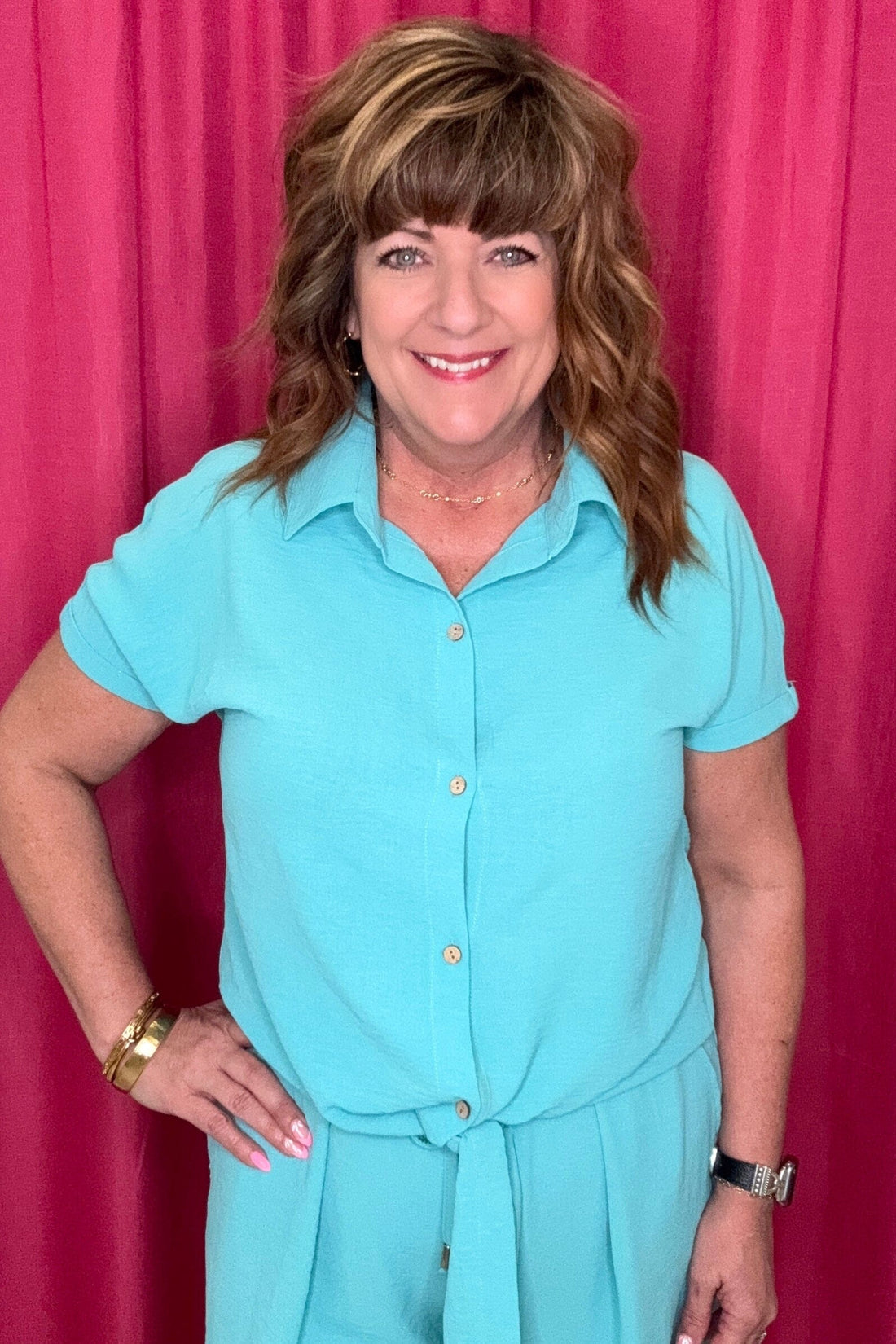 Short Sleeve Front Tie Button Down MISSY TOP SPECIAL CREATION 