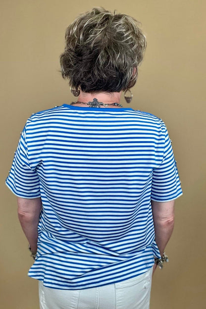 Short Sleeve Button Detail Scoop Neck Striped Top MISSY TOP SPECIAL SOUTHERN LADY 
