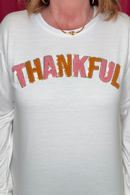 Thankful Chenille Patches Sweatshirt JRTOP CASUAL TOP SOUTHERN GRACE 