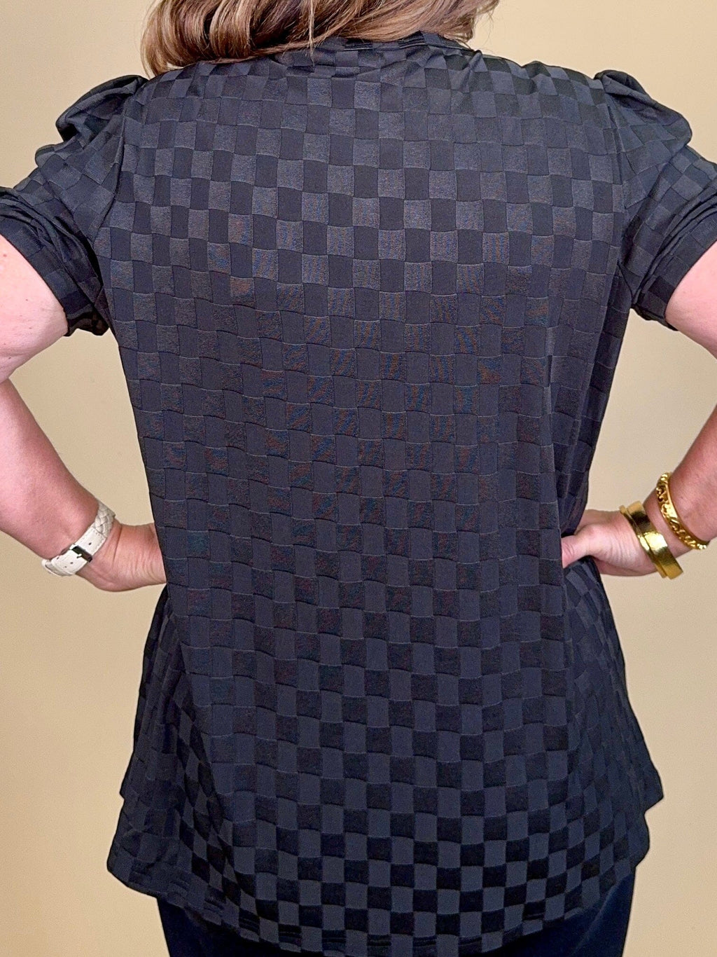 Black Checkered Puff Sleeve Top JRTOP CASUAL TOP:~~Unassigned~~ YOURFASHIONWHOL 