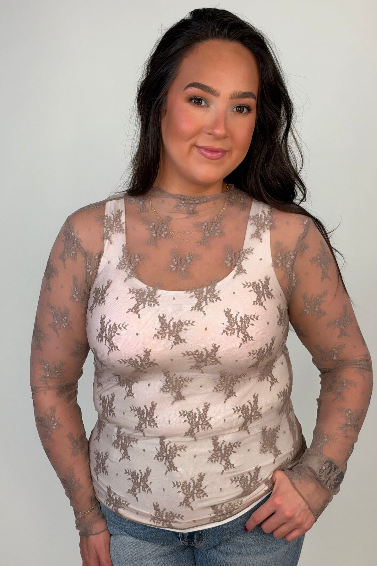 Lace Layering Top - Mocha MISSY BASIC KNIT:~~Unassigned~~ ZENANA 