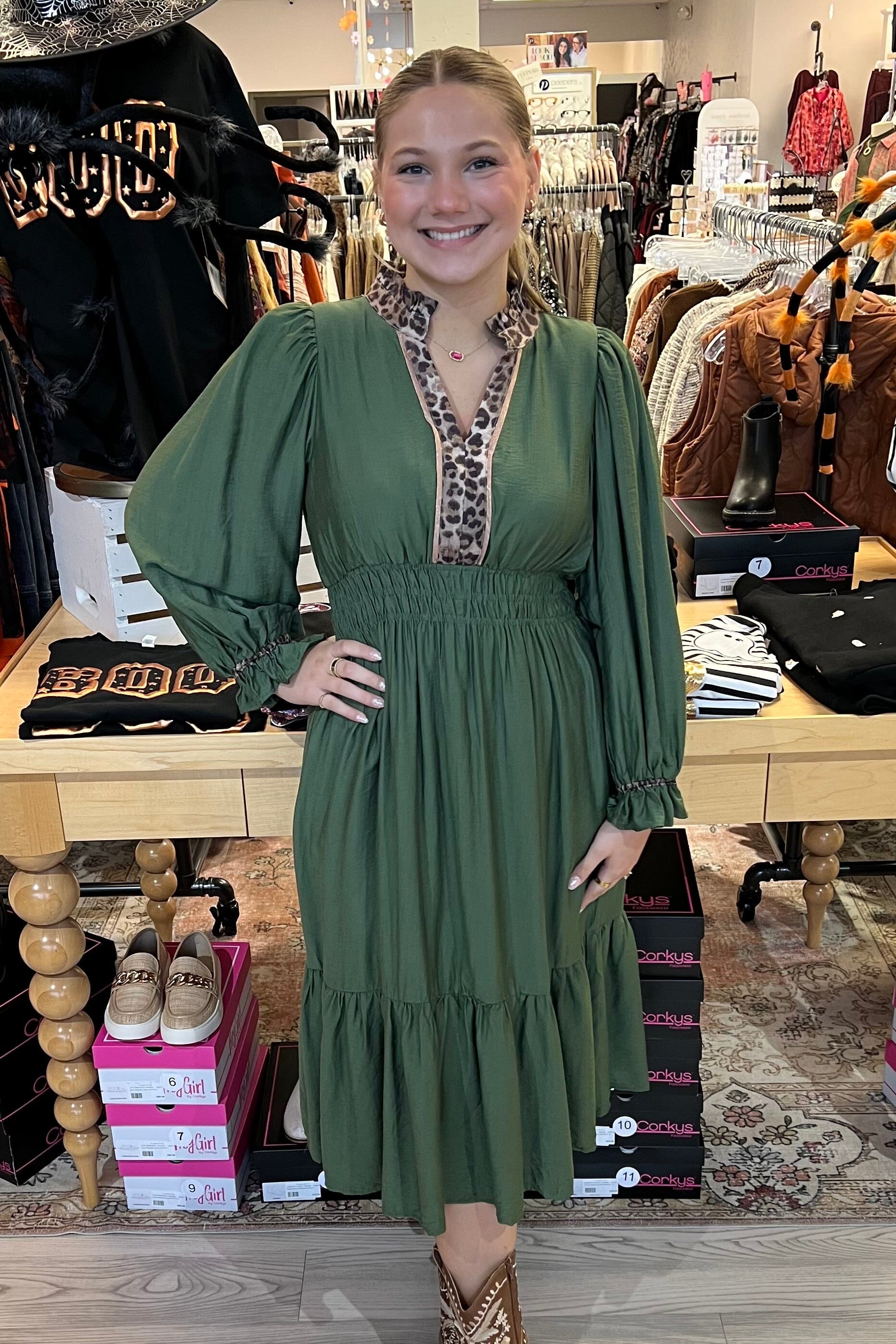 3/4 Sleeve Dress w/ Leopard Trim DRESS UMGEE 