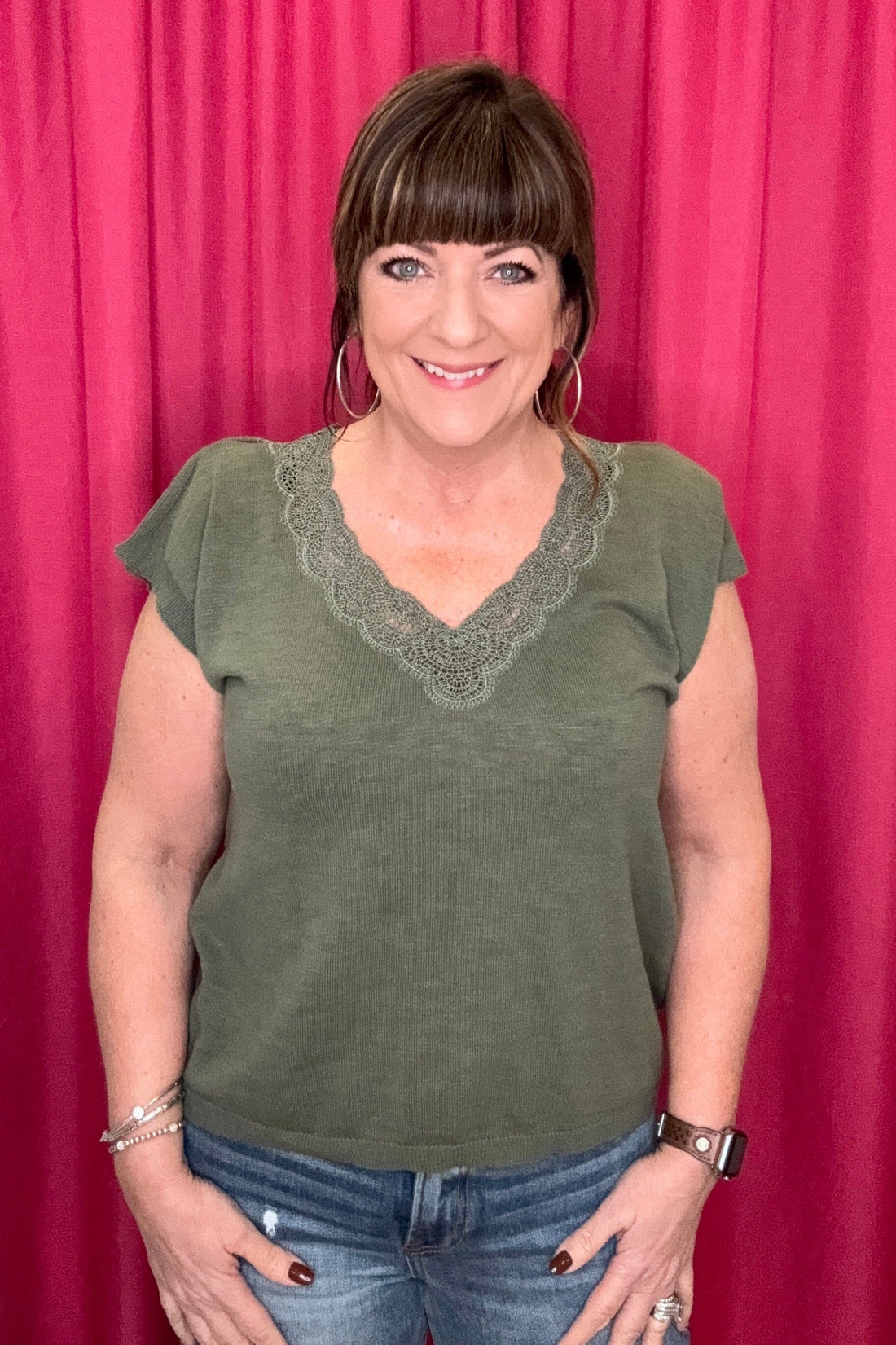 Short Split Sleeve Embroidered Lace V-Neck Sweater MISSY TOP SPECIAL DEMOCRACY 