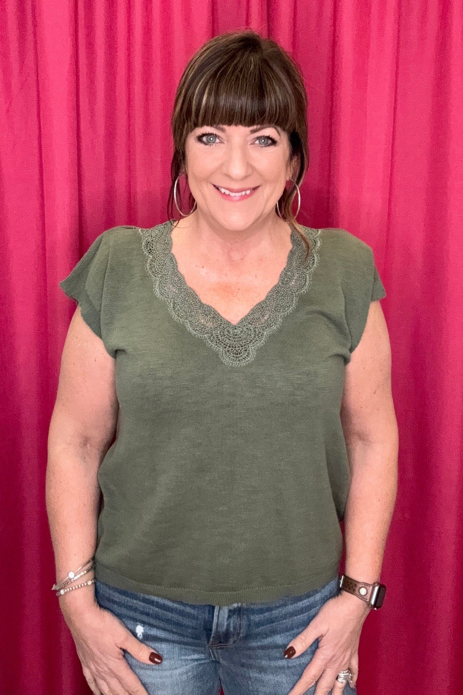 Short Split Sleeve Embroidered Lace V-Neck Sweater MISSY TOP SPECIAL DEMOCRACY 