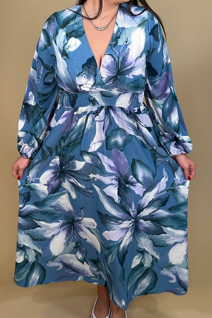 Long Sleeve Printed Dress w/Smoked Waist