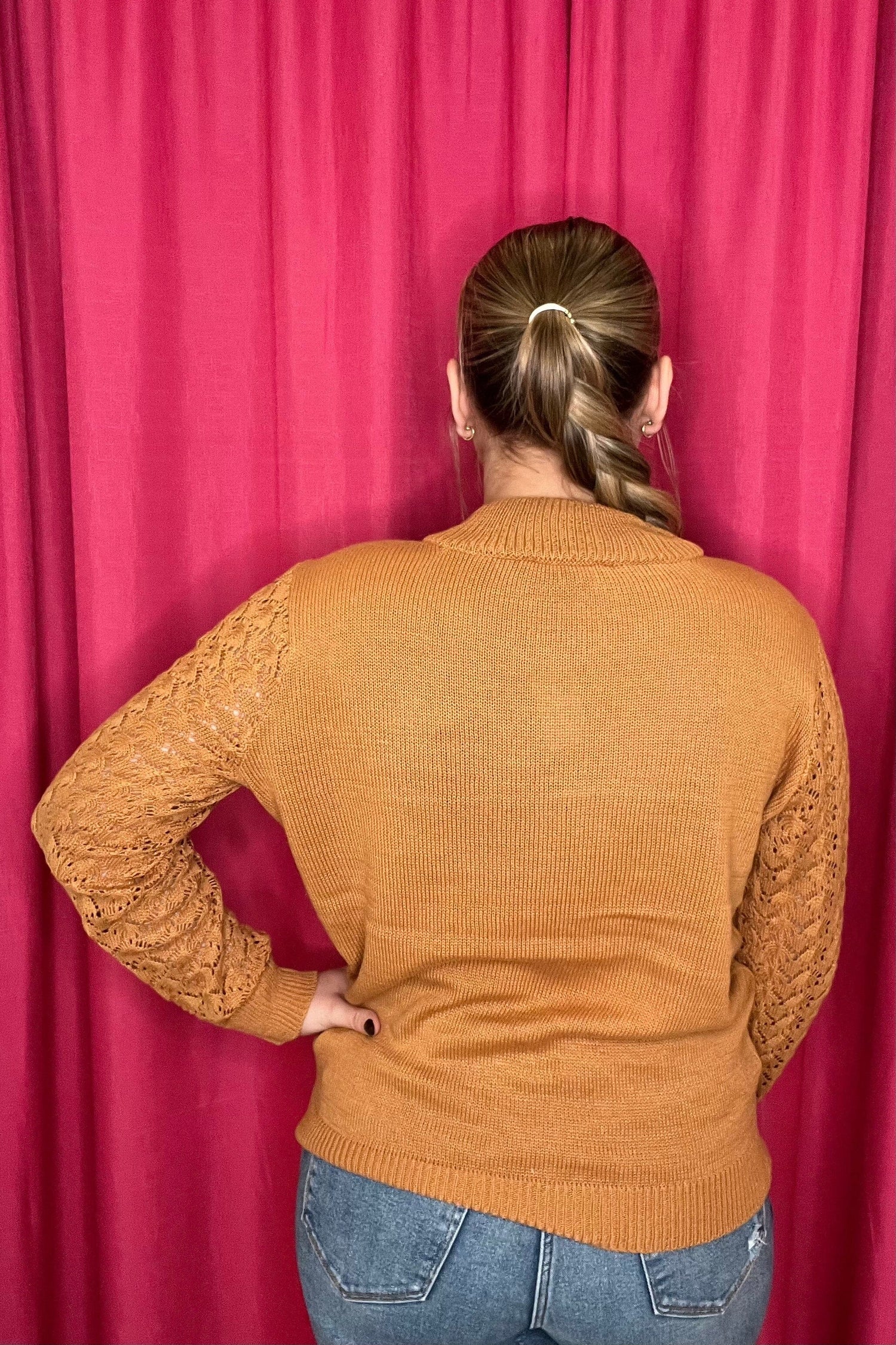 Long Crocheted Sleeve Scoop Neck SWEATER SOUTHERN LADY 