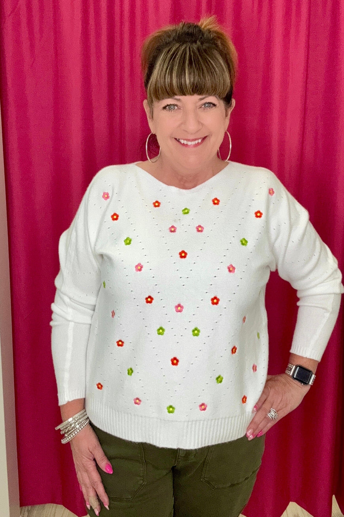 Soft Daisy Embroidered Sweater JRTOP CASUAL TOP ALLIE &amp; ROSE OFFWHITE S 