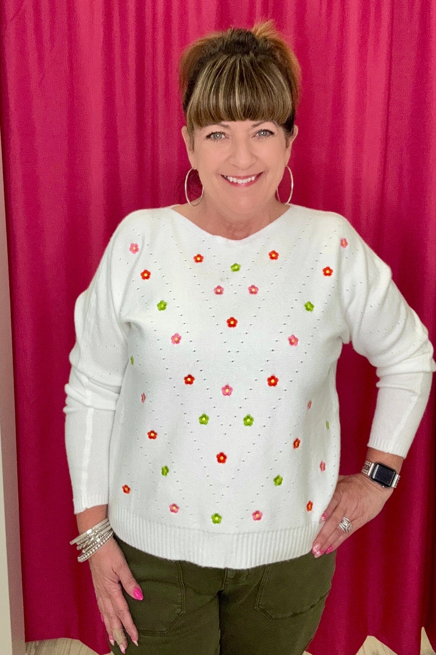 Soft Daisy Embroidered Sweater JRTOP CASUAL TOP ALLIE &amp; ROSE OFFWHITE S 