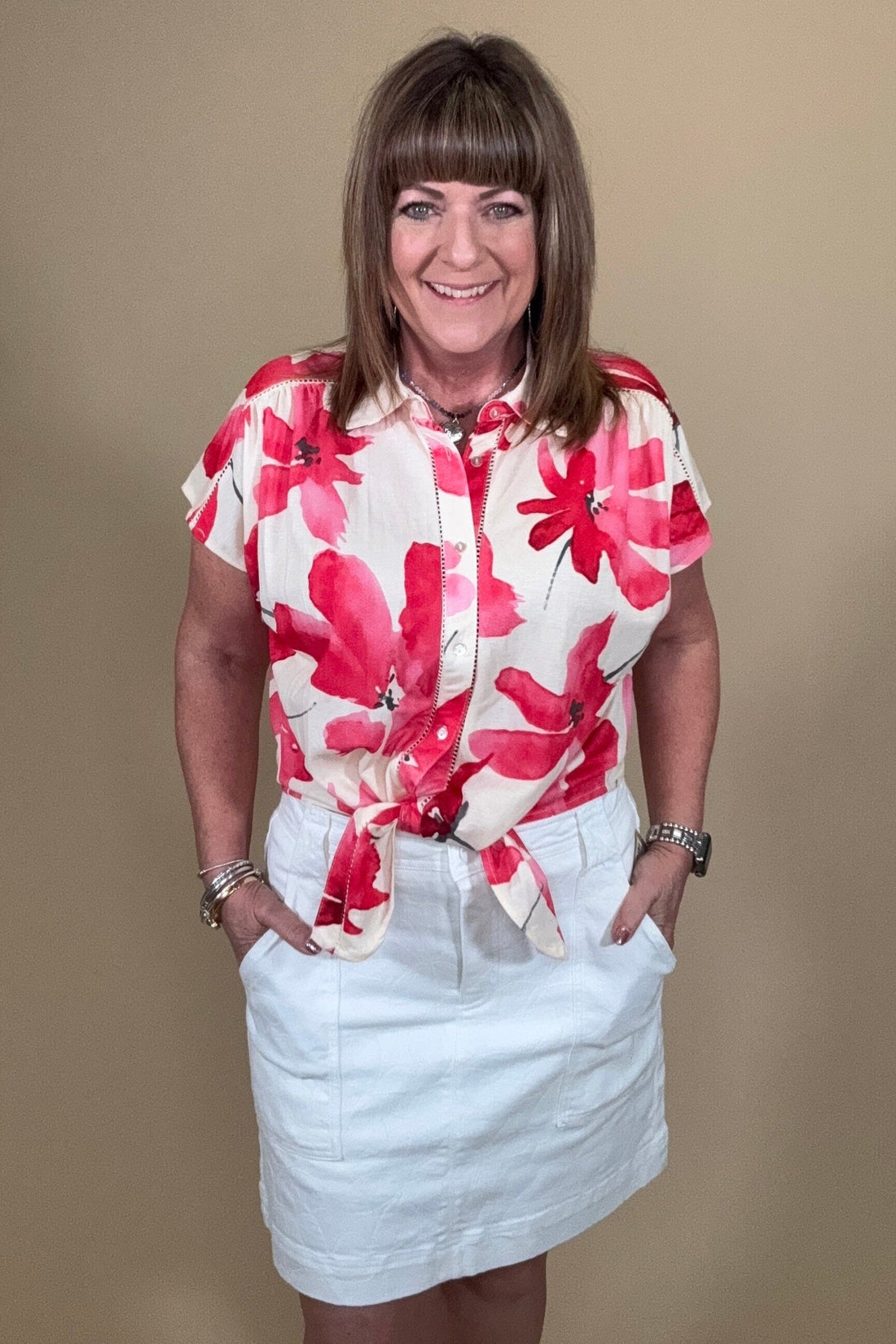 Printed Short Sleeve Tie Front Shirt MISSY TOP SPECIAL TRIBAL 