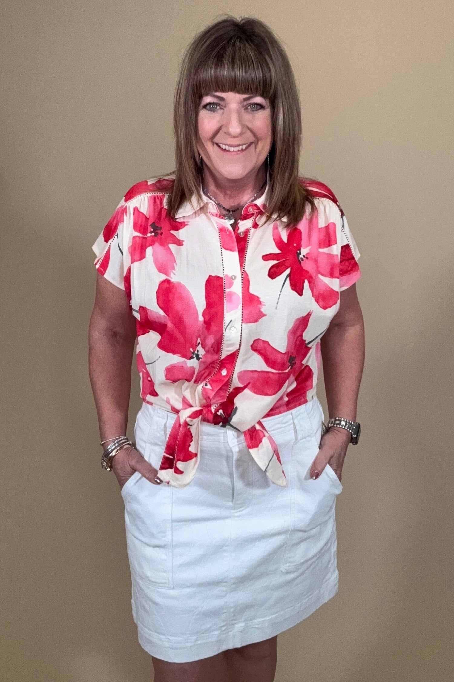 Printed Short Sleeve Tie Front Shirt MISSY TOP SPECIAL TRIBAL 