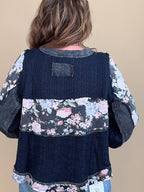 Floral Pattern Split Neck Knit Top - Navy JRTOP CASUAL TOP:~~Unassigned~~ POL CLOTHING 