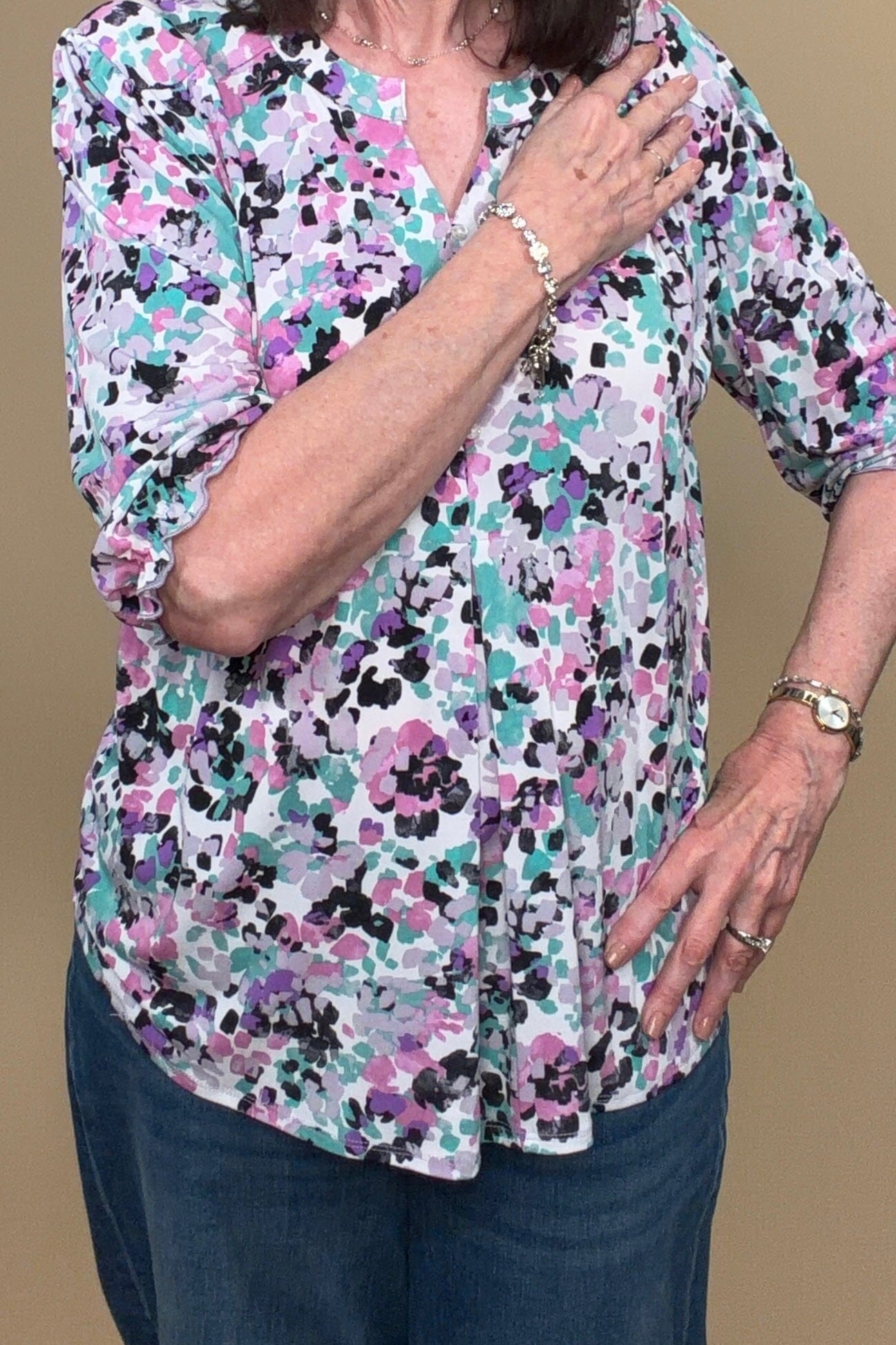 3/4 Sleeve Printed Top w/Buttons MISSY TOP SPECIAL SOUTHERN LADY 