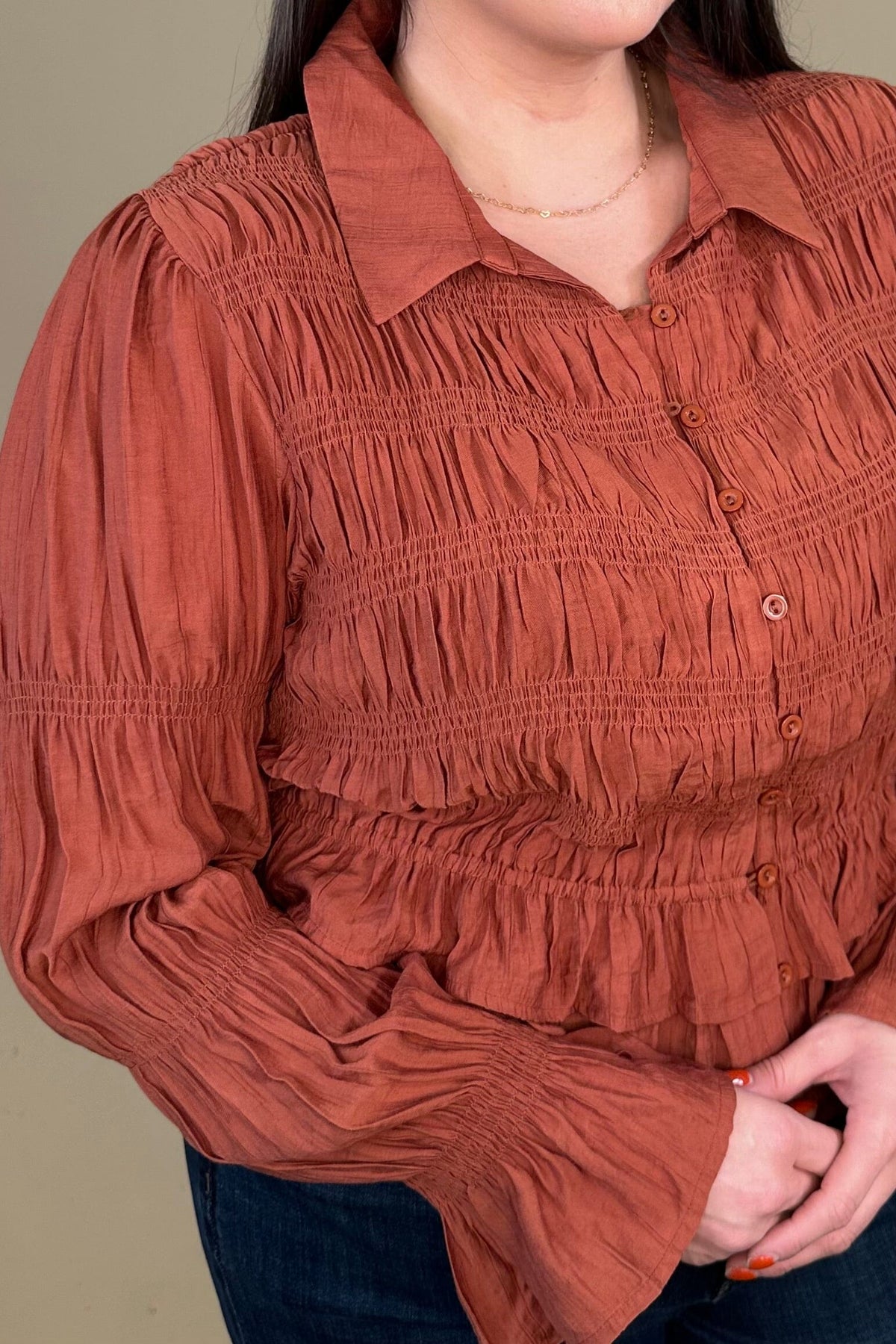 Long Sleeve Button Down Smocked Top JR TOP DRESSY:~~Unassigned~~ EASEL 