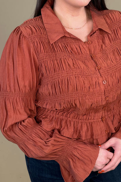 Long Sleeve Button Down Smocked Top JR TOP DRESSY:~~Unassigned~~ EASEL 