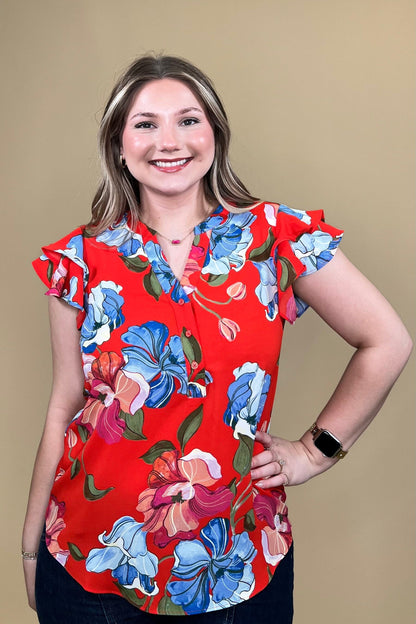 Flutter Sleeve Split Neck Printed Top MISSY TOP SPECIAL ZAC &amp; RACHEL 