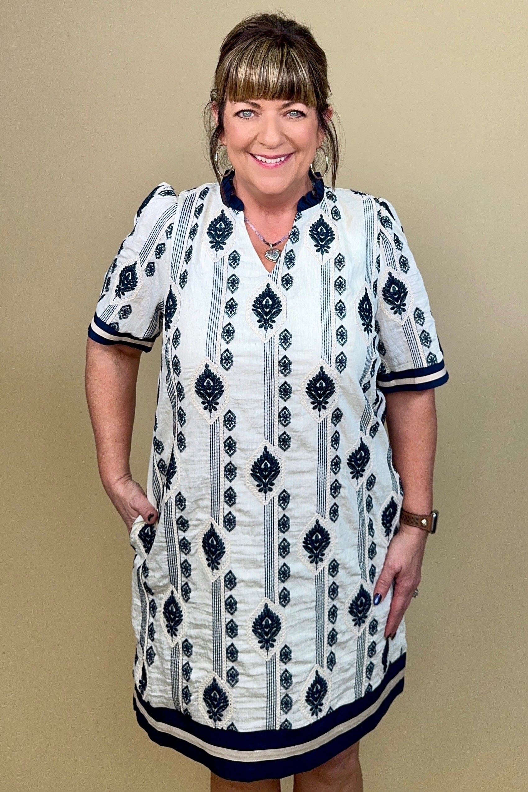 Short Sleeve Woven Embroidered Dress w/Lining and Pockets DRESS SHE&amp;SKY 