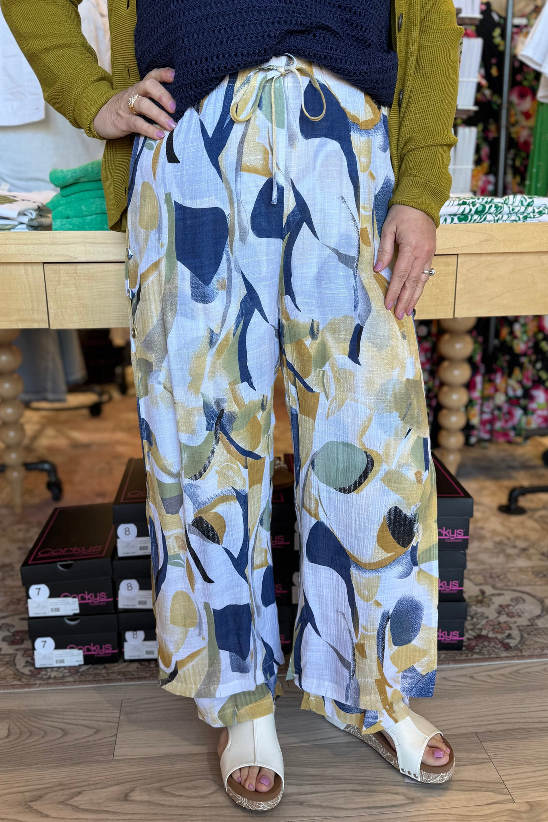Printed Pull On Gauze Pant with Button Detail BOTTOMS CREATION 