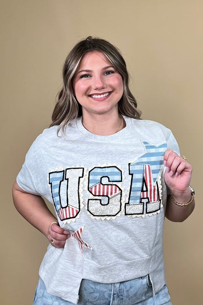 Short Boxy Sweatshirt w/USA Patch MISSY BASIC KNIT SIMPLY SOUTHERN 