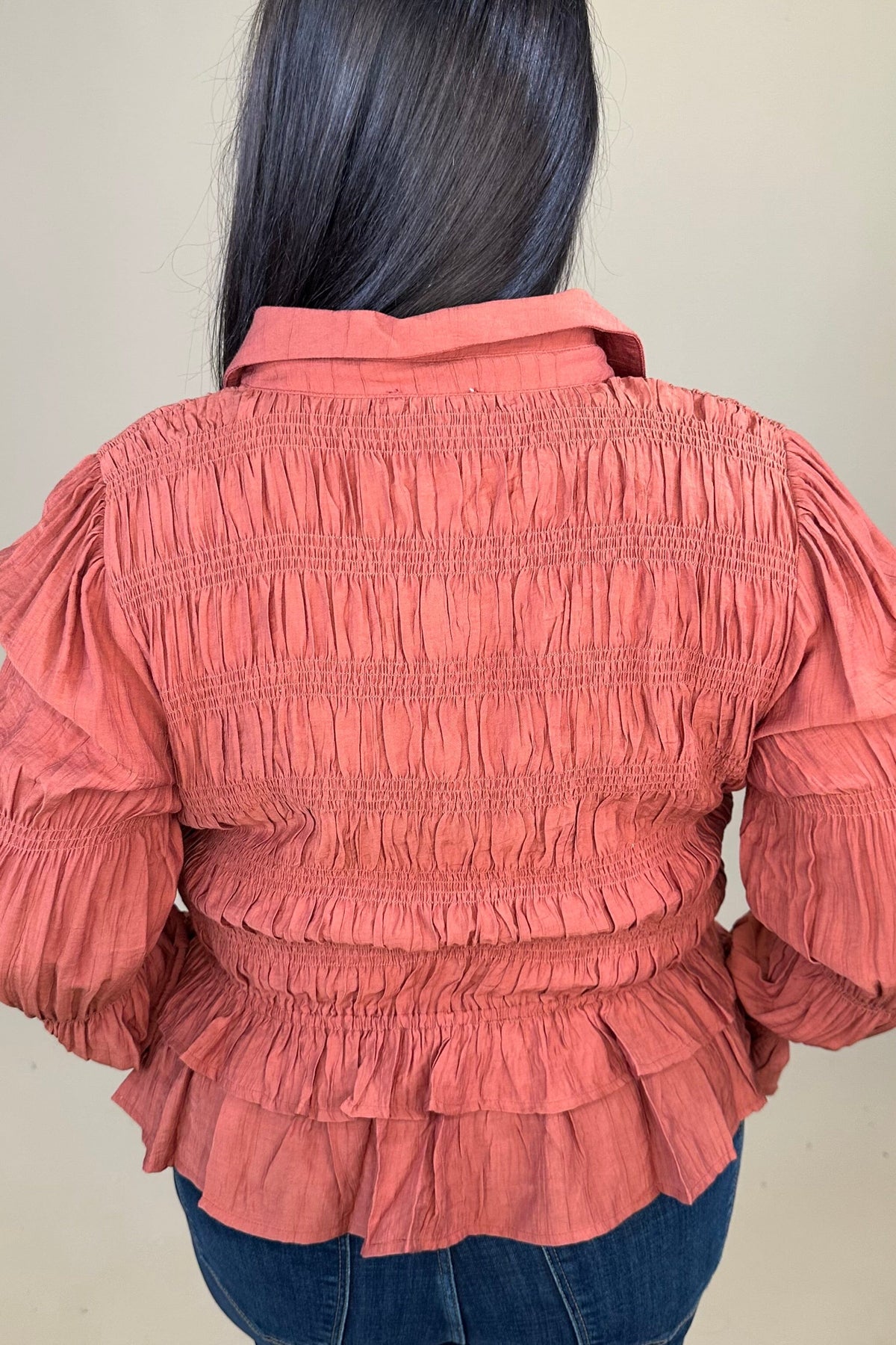 Long Sleeve Button Down Smocked Top JR TOP DRESSY:~~Unassigned~~ EASEL 