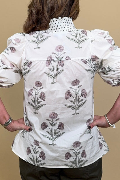 Half Sleeve Smocked Neck Woven Print Top JR TOP DRESSY SHE&amp;SKY 