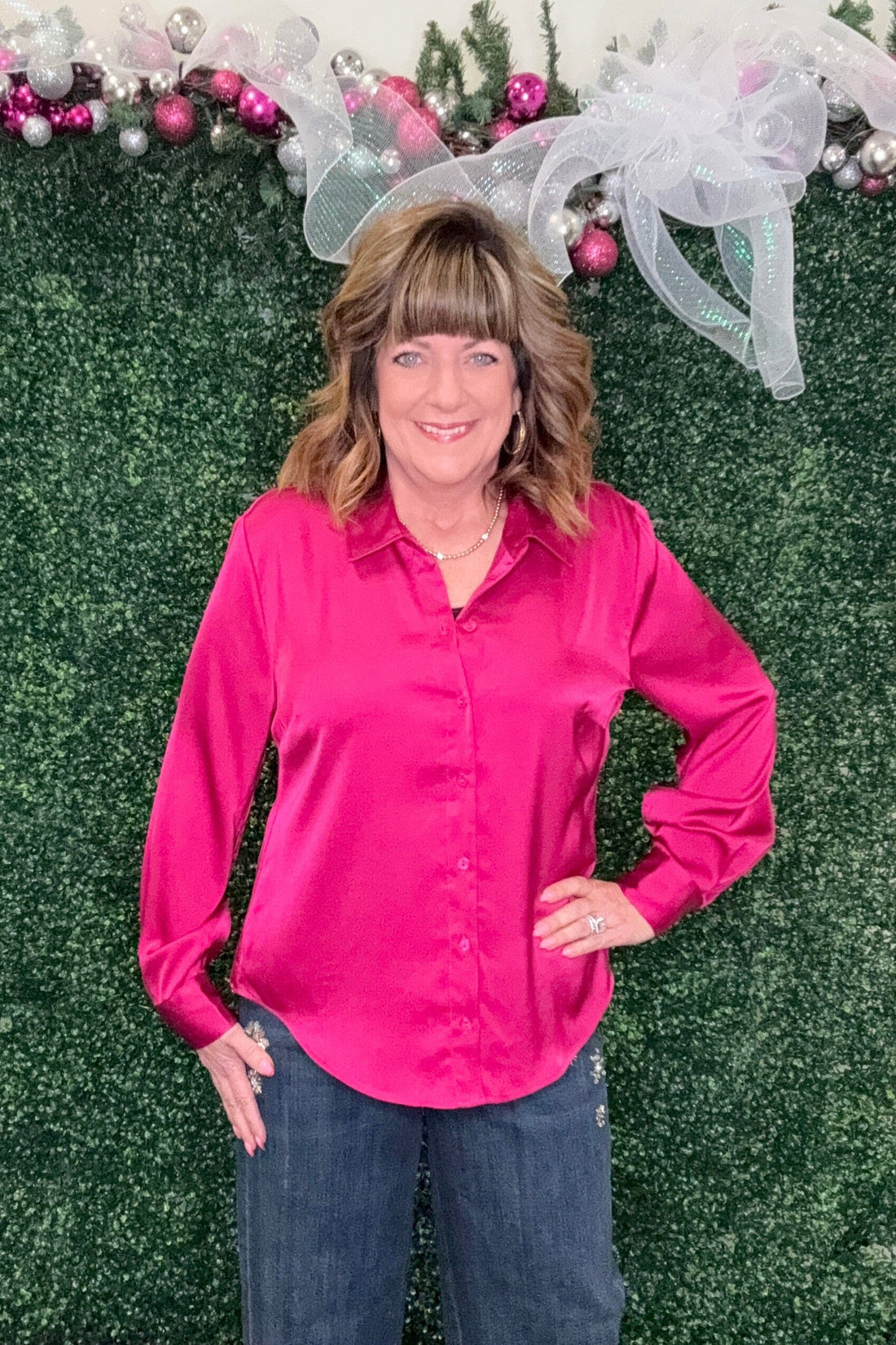 Long Sleeve Button Front Woven Shirt MISSY TOP SPECIAL LIVERPOOL FUCHSIAKISS XS