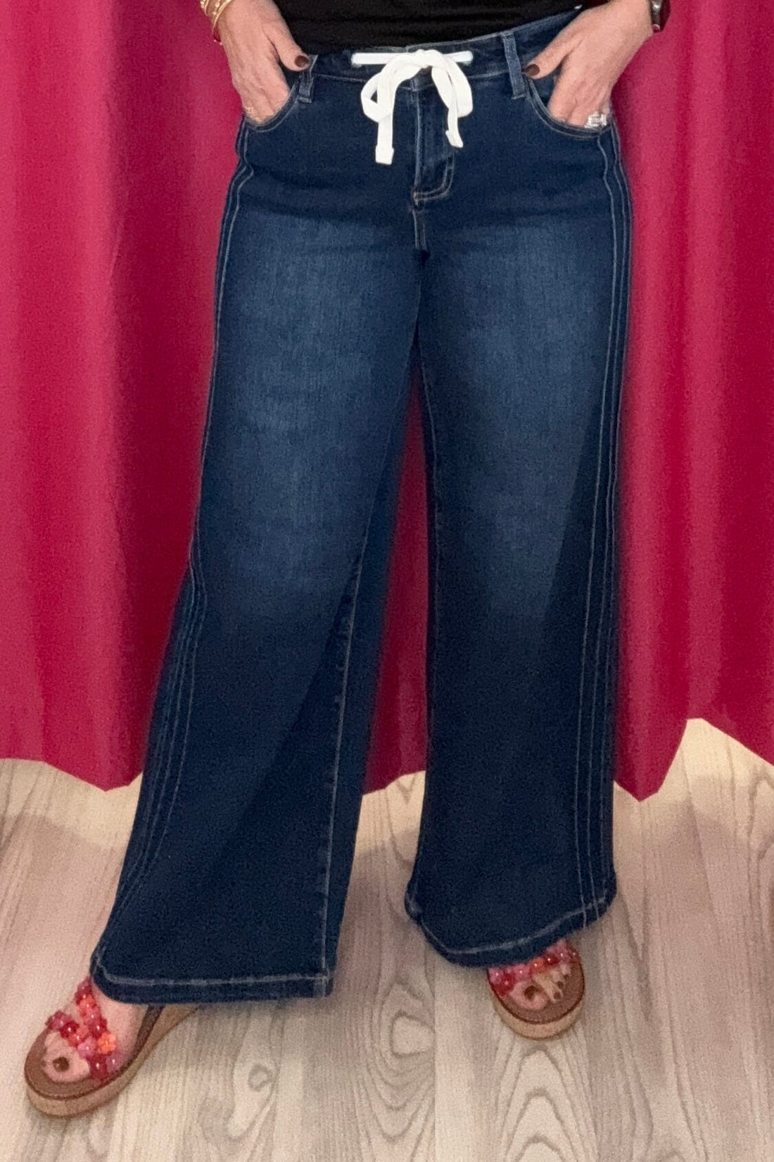 Elastic Mid Rise Wide Leg Jeans w/Side Pintuck Detail &amp; Drawstring JEANS RISEN 