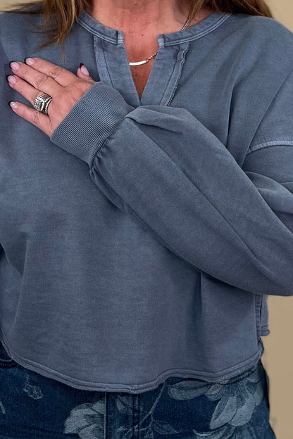 Raw Edge Cropped V Neck Sweatshirt - Blue JRTOP CASUAL TOP BLUPEPPER 